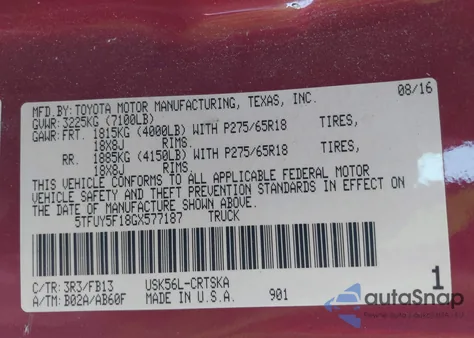 2016 Toyota Tundra Sr5 5.7L V8 z USA, uszkodzony, nr VIN 5TFUY5F18GX577187